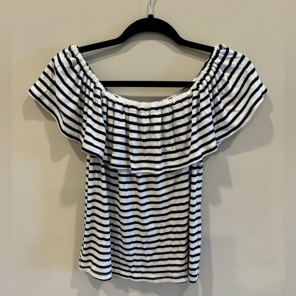Splendid Soft Navy & White Striped Off Shoulder Ruffle Knit Top Small S
